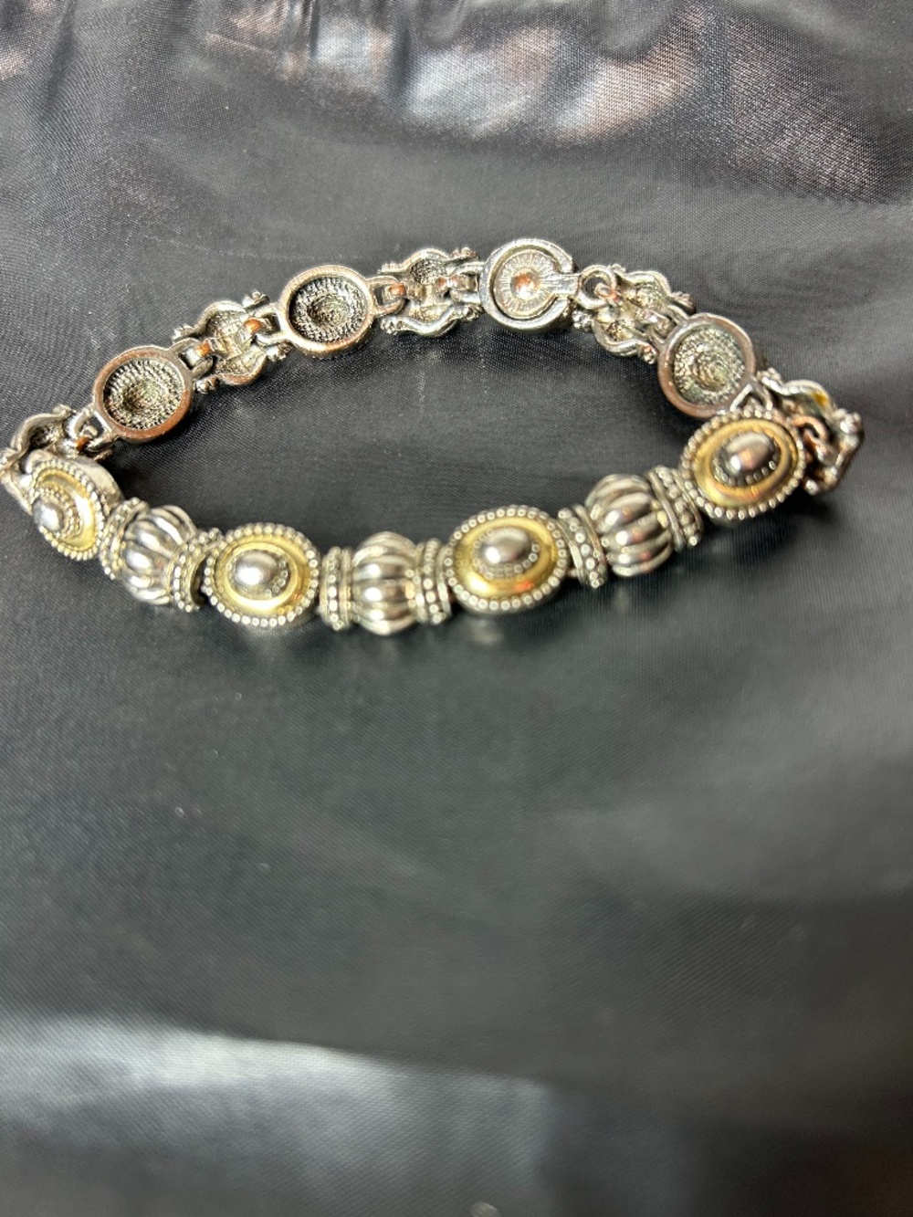 2 Tone Gold Silver plated Metal Scroll Links Bracelet Hammered 8" intricate MCM